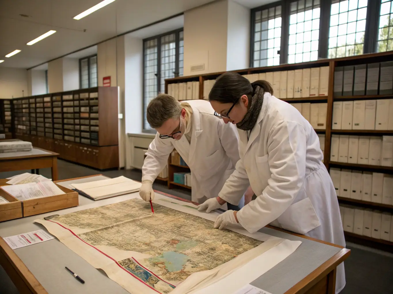 A photograph showcasing a team of conservators carefully restoring a historical tapestry at Musée du Château de l'Empéri. The image highlights the delicate work and expertise involved in preserving cultural artifacts.